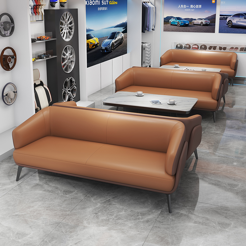 皮艺沙发三人位棕色爱马仕橙色写字楼工作室公寓小型汽车4S店沙发