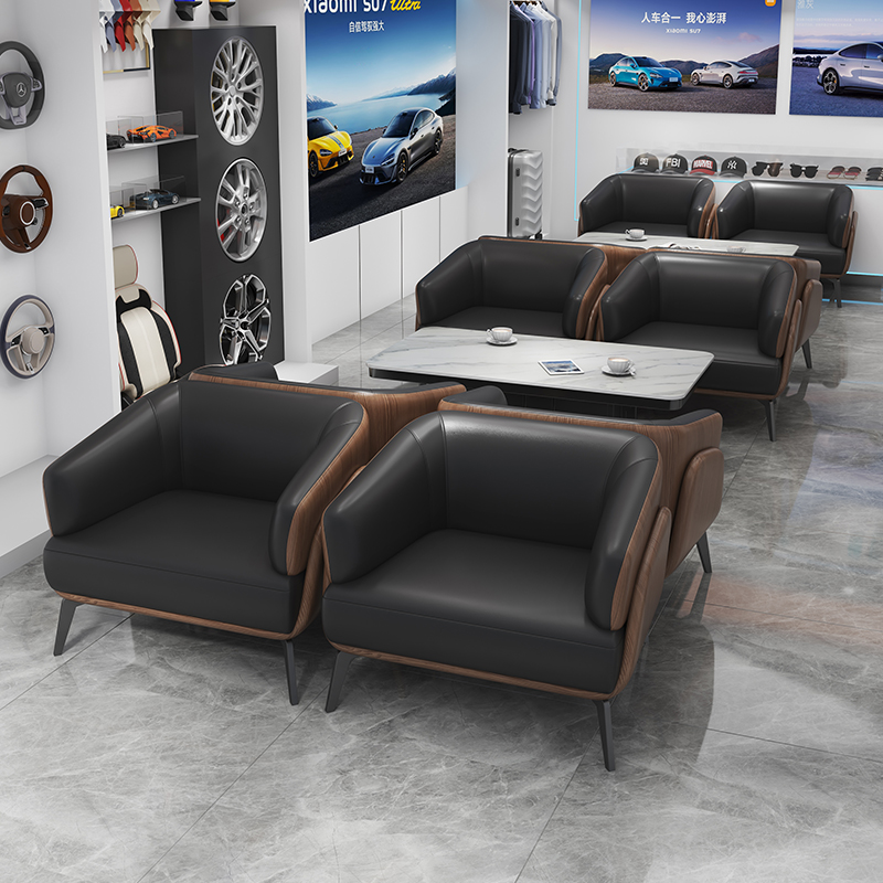 单人沙发高端轻奢高级意式极简拼色酒店沙发真皮办公沙发茶几组合