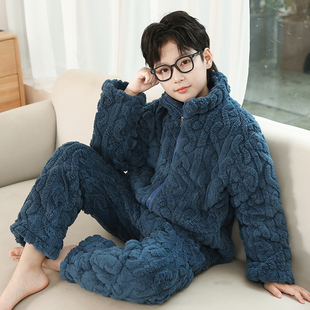 儿童睡衣男童三层夹棉家居服冬季加厚外穿中大童男孩法兰绒保暖衣