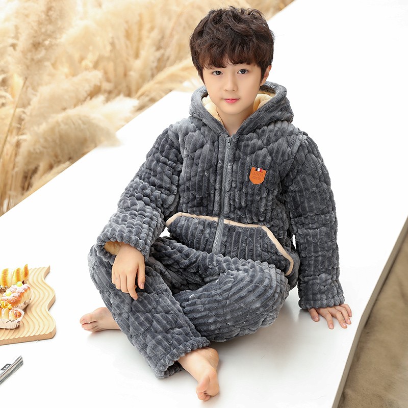 儿童法兰绒睡衣三层夹棉冬季