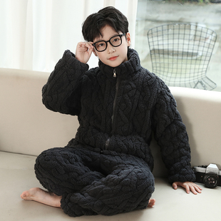 男童法兰绒家居服外穿中大童保暖冬装 儿童睡衣冬款 三层夹棉加厚款