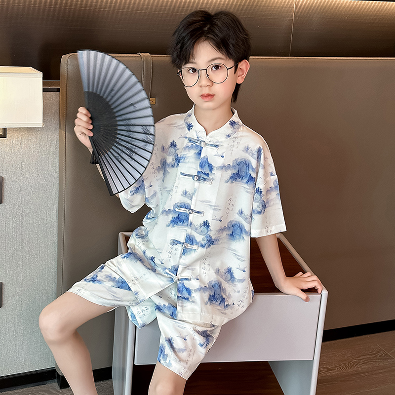 冰丝夏季薄款中式国风男童睡衣