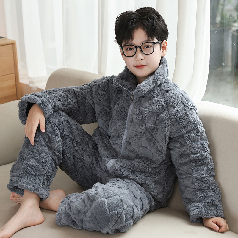 冬季三层夹棉男童睡衣加厚