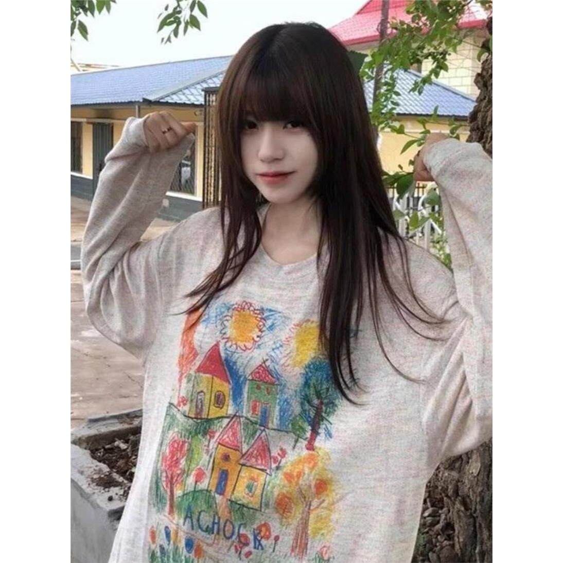 夏季新款慵懒风涂鸦彩色印花防晒罩衫长袖T恤女宽松薄款百搭上衣