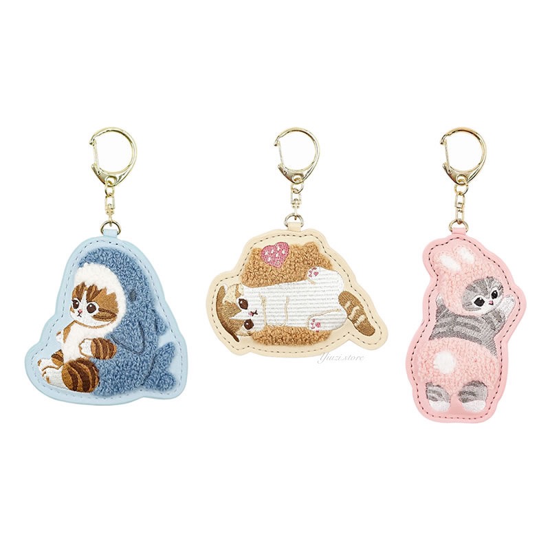 日系卡通可爱鲨鱼猫小巧钥匙扣兔兔猫刺绣皮质包包钥匙圈挂件挂饰
