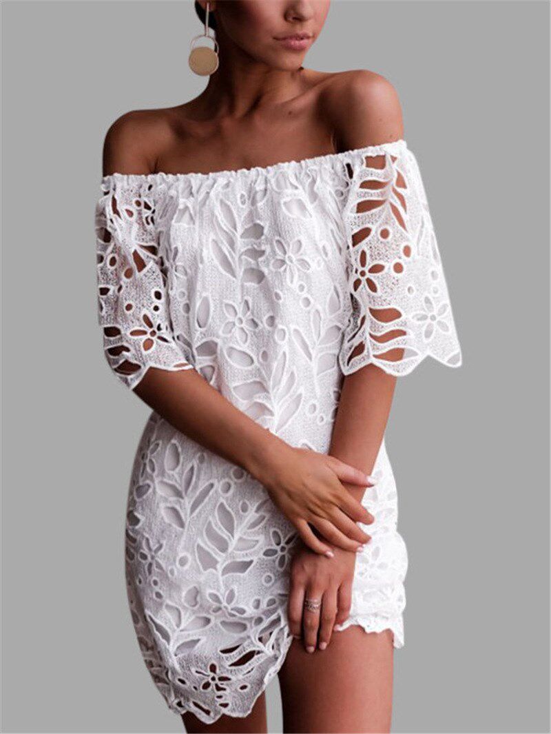 Lace one-shoulder dress蕾丝花边一字肩连衣裙有内衬质量好
