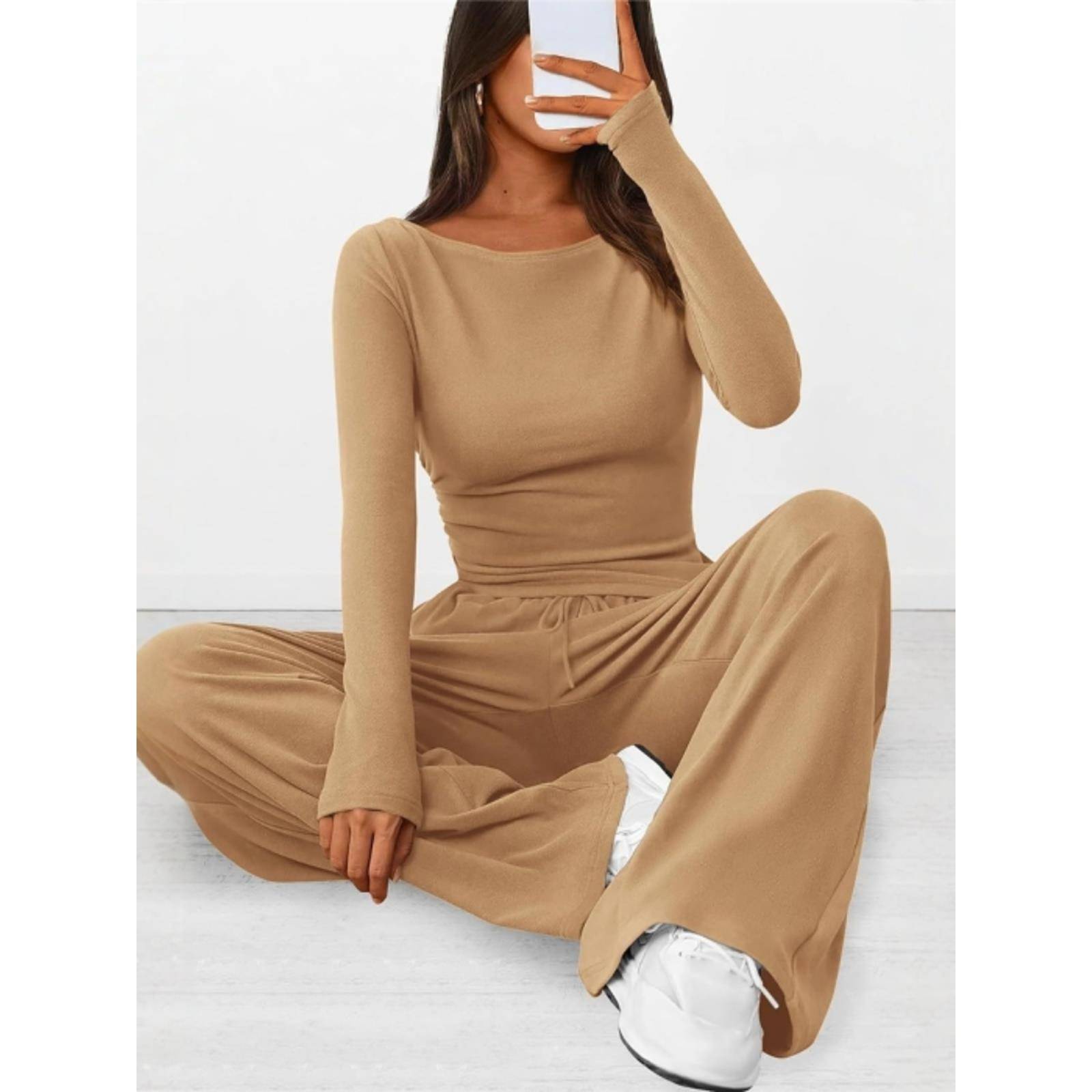 欧美时尚休闲圆领长袖T恤上衣长裤套装女 Top Tee Pants Suit Set