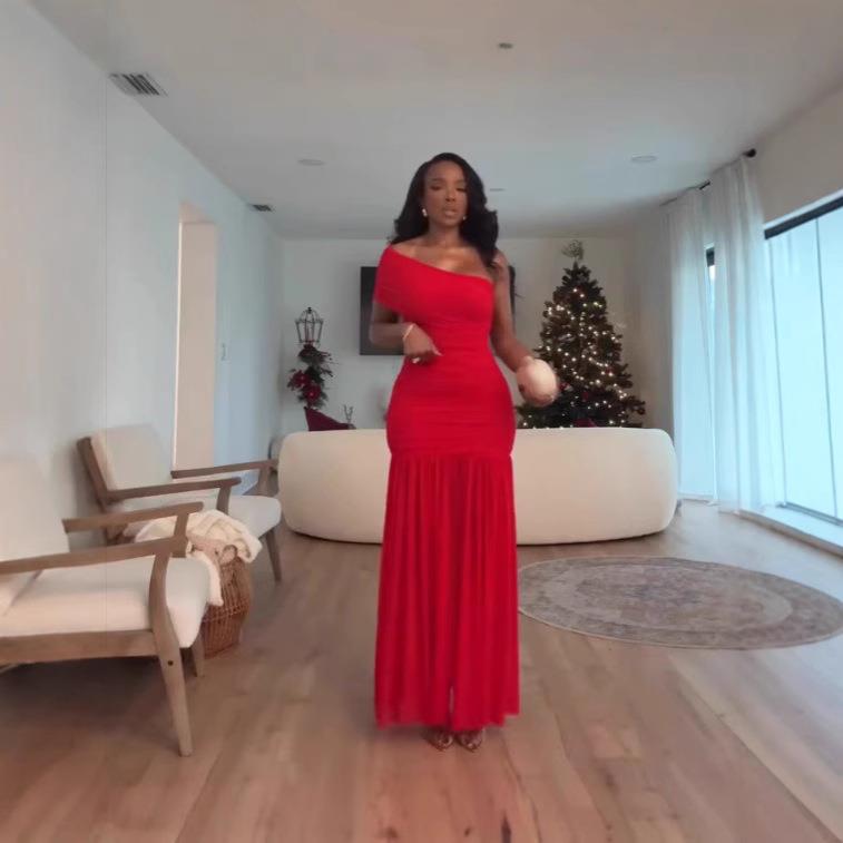 欧美时尚经典女装SDM123气质单肩长袖开衩长版洋装红色网纱长裙