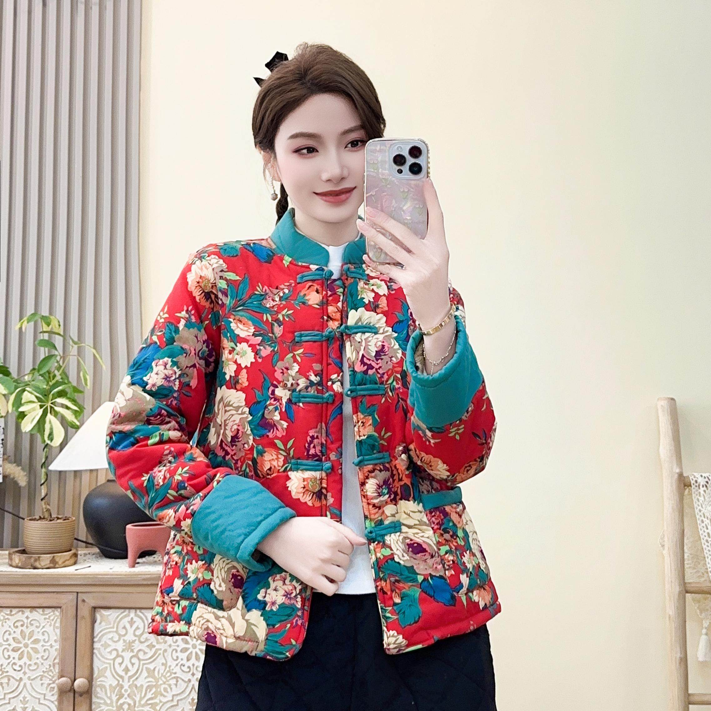 民族风文艺复古盘扣棉服夹棉印花保暖女士短款花棉袄加绒棉衣外套