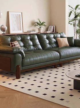 中古风客厅真皮沙发复古头层牛皮2025新款小户型云朵绿色实木沙发