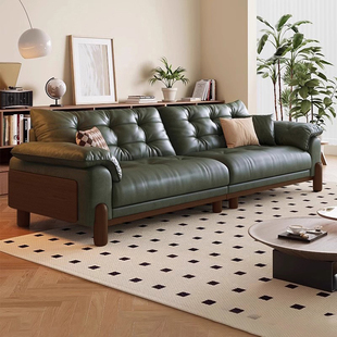 中古风客厅真皮沙发复古头层牛皮2025新款 小户型云朵绿色实木沙发