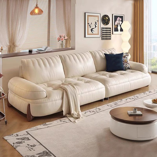 奶油风真皮沙发意式极简大小户型客厅轻奢直排复古风头层牛皮沙发