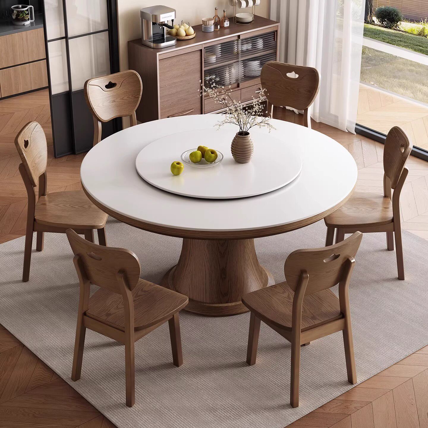 法式复古中古风实木圆桌带转盘