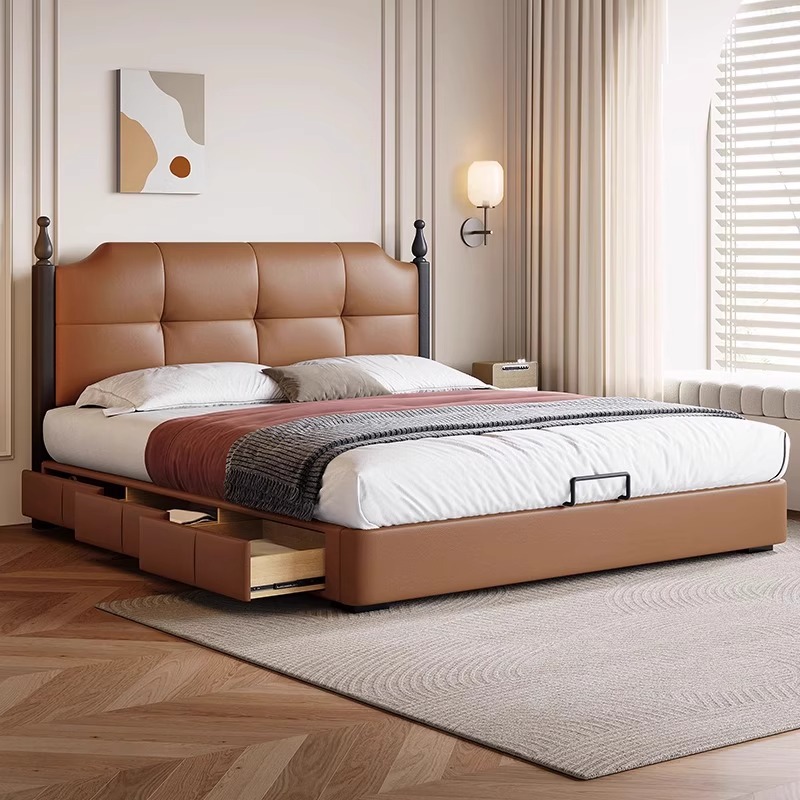 床储物木头中包大层实卧室真皮古风古风床软真皮中法式主次小户型