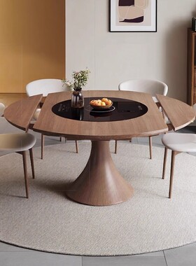 高端实木伸缩岩板餐桌小户型家用方圆两用圆形桌中古风折叠吃饭桌