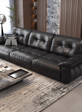 意式极简真皮沙发客厅轻奢现代新款直排黑色广东佛山头层牛皮沙发