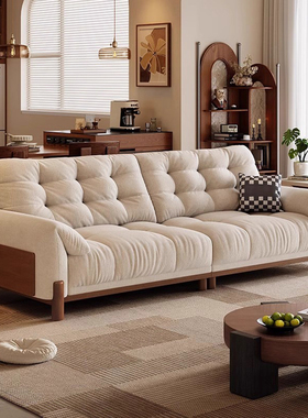 中古风实木云朵布艺沙发2025新款猫爪布简约小户型客厅雪尼尔沙发