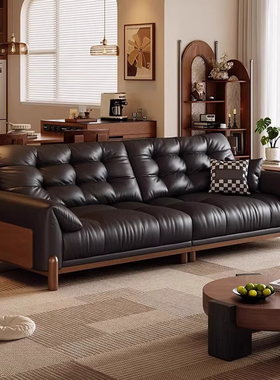 中古风客厅实木沙发复古头层牛皮2025新款小户型云朵黑色真皮沙发