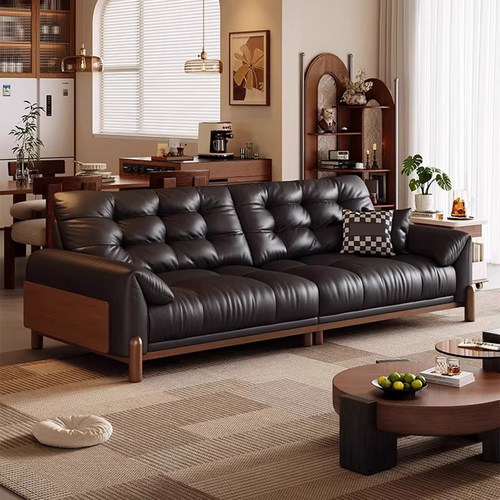 中古风客厅实木沙发复古头层牛皮2025新款小户型云朵黑色真皮沙发