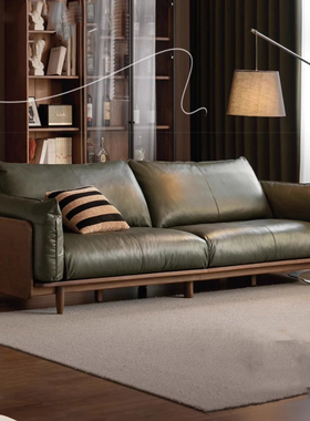 中古风真皮沙发复古实木客厅2025新款意式轻奢小户型黑胡桃木沙发