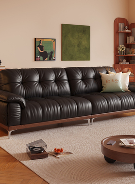 中古风客厅实木沙发复古头层牛皮2025新款小户型直排黑色真皮沙发