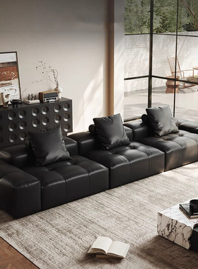 像素真皮沙发现代简约客厅2024新款小户型意式极简黑色直排三人位