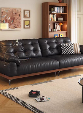 中古风客厅实木沙发复古头层牛皮2026新款小户型直排黑色真皮沙发