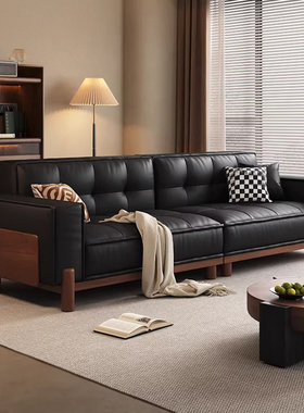 中古风客厅实木沙发美式复古头层牛皮大小户型黑色豆腐块真皮沙发
