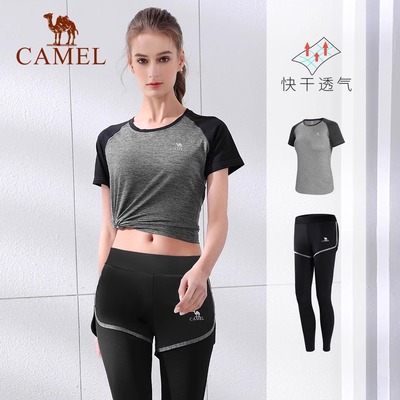 骆驼瑜伽服女套装夏健身运动短袖两件套晨跑步透气显瘦假两件裤子