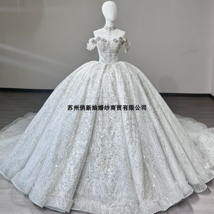 一字肩婚纱主纱新娘2026新款重工奢华法式高级质感高定款拖尾星空
