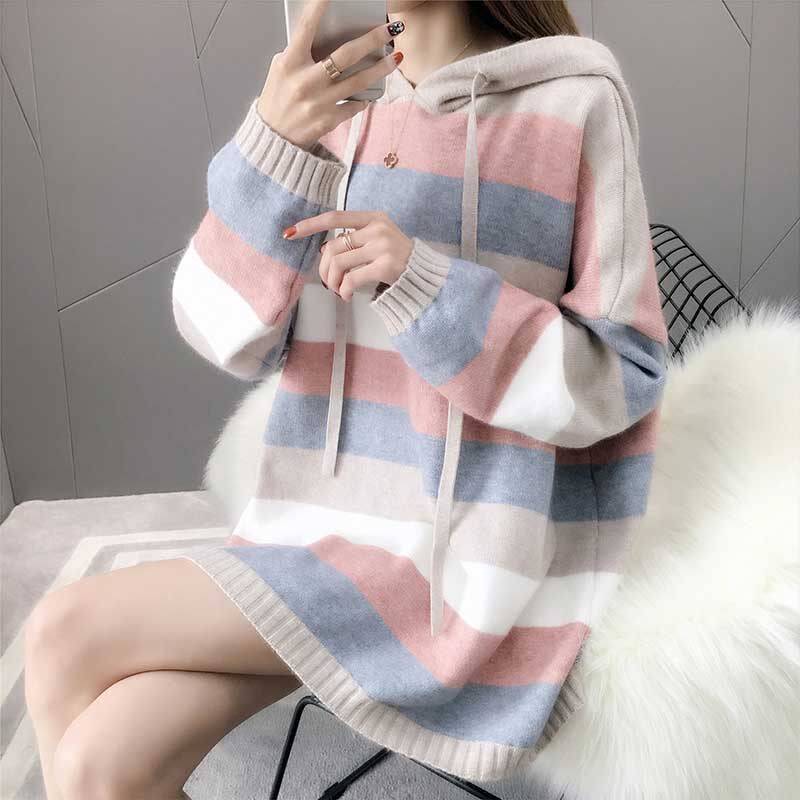 秋冬彩虹条纹毛衣女宽松外穿针织衫2020秋季新款中长款连帽毛衣裙