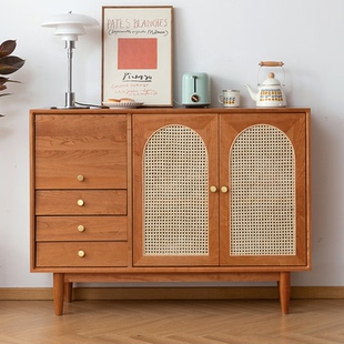 北欧现代两门餐边柜实木樱桃木藤编柜日式简约储物柜碗柜茶水柜