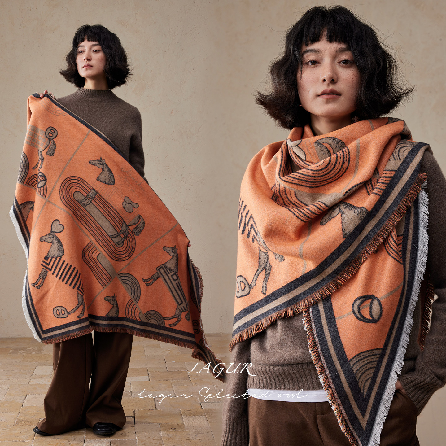 Lagur旷野之马！精纺羊毛三角巾毛须围巾女冬季披肩复古百搭围脖,服饰配件/皮带/帽子/围巾,围巾/丝巾/披肩,淘宝优惠券,粉丝福利购,淘宝优惠卷