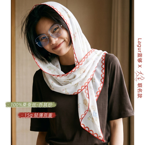 法式蕾丝苹果园100%桑蚕丝丝巾女