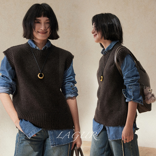 Lagur＜T 圆领毛衣女上衣叠穿 row＞简约100%羊毛马甲针织短须无袖