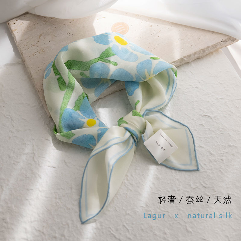 薄荷绿-白兰100%桑蚕丝大方巾女65cm真丝高级感重磅丝绸围巾