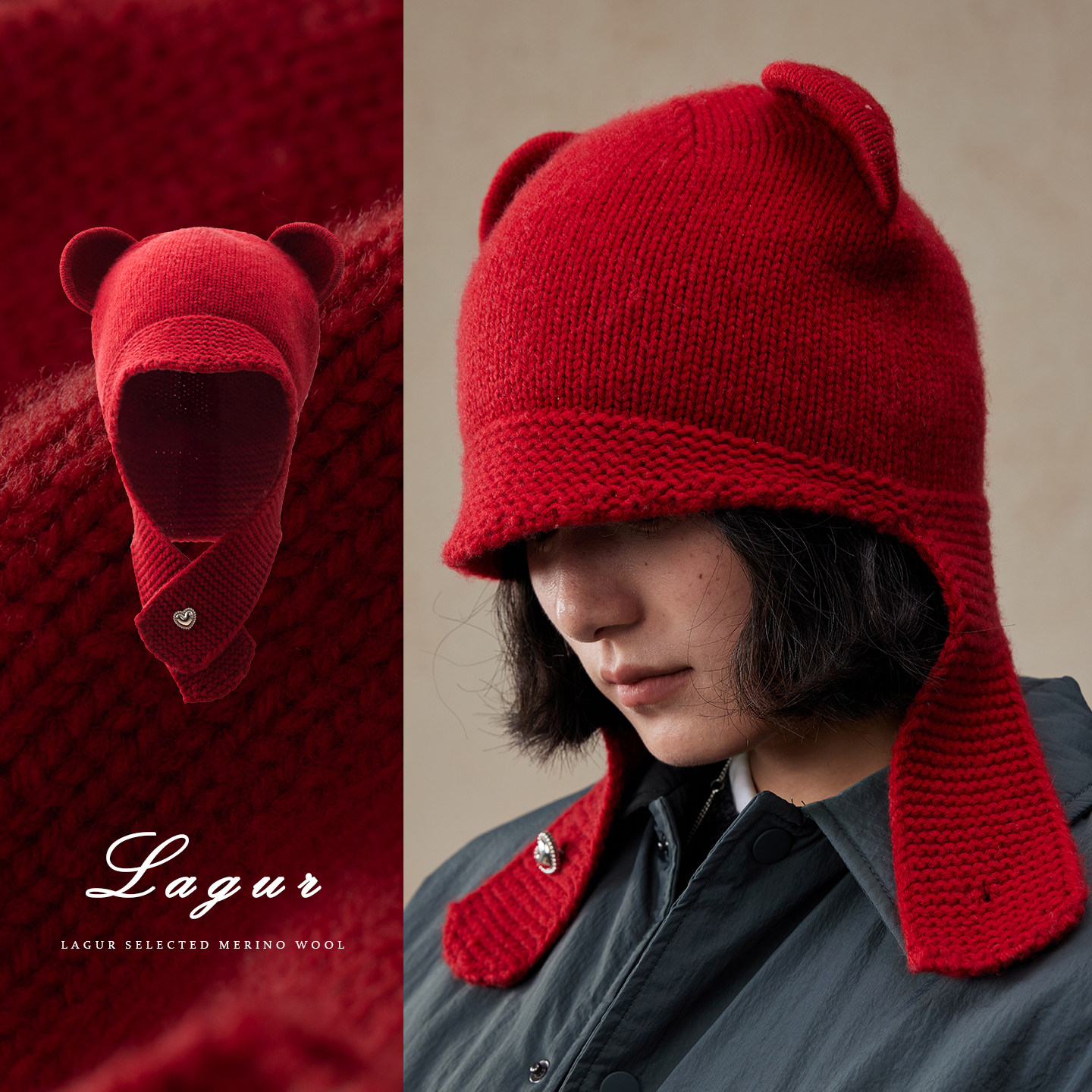 喜气新年红~小熊帽纯羊毛帽子女生冬保暖护脖针织帽巴拉克拉法帽,服饰配件/皮带/帽子/围巾,帽子,淘宝优惠券,粉丝福利购,淘宝优惠卷