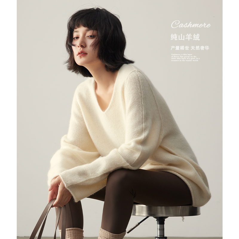 线条V领 慵懒日系100%山羊绒毛衣女羊绒衫秋冬针织衫高级感毛衣