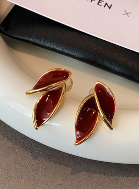 新年红色珐琅树叶耳钉2026新款爆款高级感耳环新中式轻奢复古耳饰