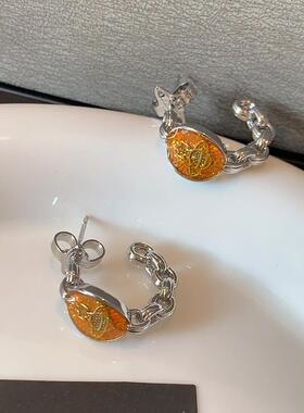 橙色珐琅西太后土星耳钉vintage复古耳环轻奢高级感锁链欧美耳饰
