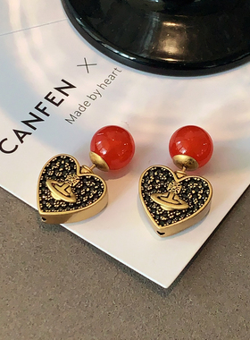 西太后黑色满钻爱心耳环2026新款爆款高级感红色球球耳钉朋克耳饰