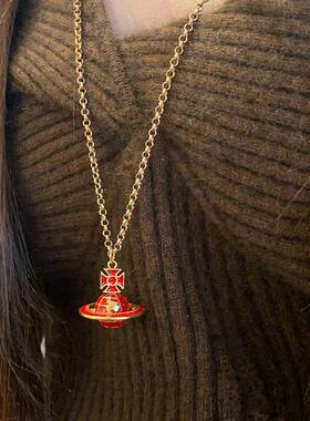 新中式红色西太后项链配饰女秋冬立体星球毛衣链轻奢高级感锁骨链