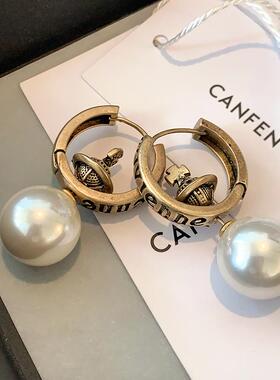 西太后立体土星耳环轻奢高级感耳饰珍珠耳坠独特设计一款两戴耳钉