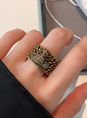 黑色西太后戒指女轻奢高级感古铜色宽面锁链开口戒做旧复古食指戒