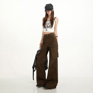 女款潮酷纯棉工装休闲微喇牛仔裤宽松贴袋时尚解构拼接不贴腿