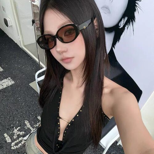 韩版椭圆框猫眼茶色墨镜女高级感Y2K辣妹度假防紫外线大脸太阳镜