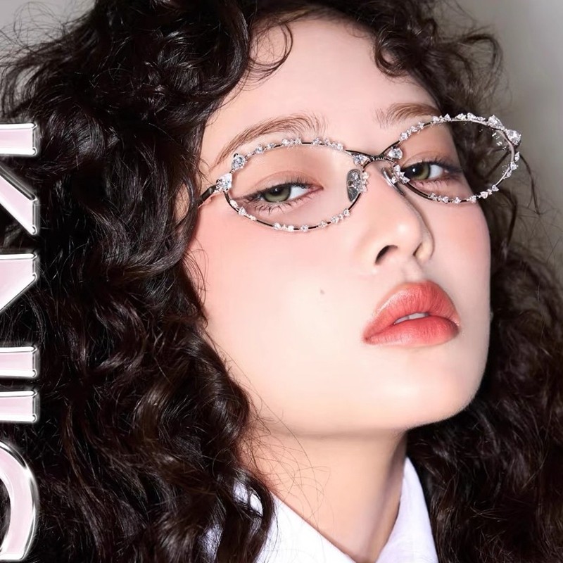 韩版猫眼镶钻珠宝眼镜框女潮素颜辣妹y2k凹造型拍照眼镜架近视镜
