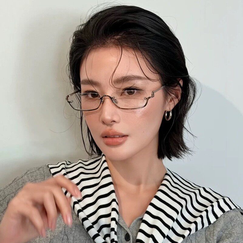 复古韩版下半框金属银色方形眼镜高智感防蓝光度数近视平光镜女款