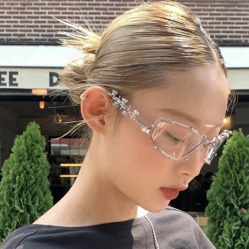 韩版金属透明连体素颜镶钻眼镜2024新款gm水钻装饰圆脸平光眼镜女