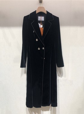 特价朗Z家2023秋黑色修身显瘦丝绒中长款风衣外套LCMP02VBY121B11